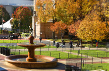 Fountain On Low Plaza On Sunny Autumn Day. Low Memorial Library On Morningside Heights Campus Of Columbia University. New York City