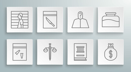 Canvas Print - Set line Evidence bag and bullet, knife, Scales of justice, Law book, Money, Anonymous with question mark, Inkwell and Suspect criminal icon. Vector