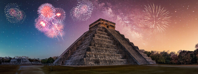 Poster - chitchenitza with milky way sky and fireworks