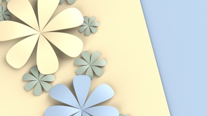 Fototapete - Light blue-yellow background with blue-yellow paper flowers. Concept image of happy Invitation and reception sign. 3D CG. 3D high quality rendering. 3D illustration. High resolution.