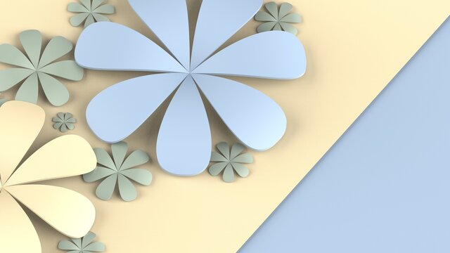 Light blue-yellow background with blue-yellow paper flowers. Concept image of happy Invitation and reception sign. 3D CG. 3D high quality rendering. 3D illustration. High resolution.
