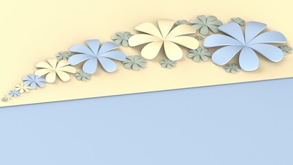 Fototapete - Light blue-yellow background with blue-yellow paper flowers. Concept image of happy Invitation and reception sign. 3D CG. 3D high quality rendering. 3D illustration. High resolution.