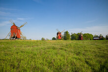 Sweden, Oland Island, Storlinge, Antique Wooden Windmills