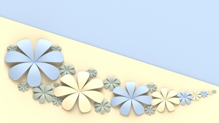 Fototapete - Light blue-yellow background with blue-yellow paper flowers. Concept image of happy Invitation and reception sign. 3D CG. 3D high quality rendering. 3D illustration. High resolution.
