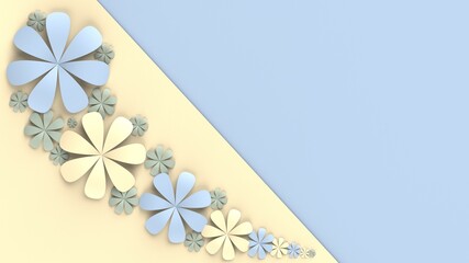 Fototapete - Light blue-yellow background with blue-yellow paper flowers. Concept image of happy Invitation and reception sign. 3D CG. 3D high quality rendering. 3D illustration. High resolution.