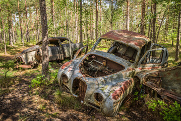 Poster - Sweden, Smaland, Ryd, Kyrko Mosse Car Cemetery, former junkyard now pubic park, junked cars