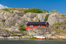 Sweden, Bohuslan, Marstrand, Red Coastal Fishing Shack