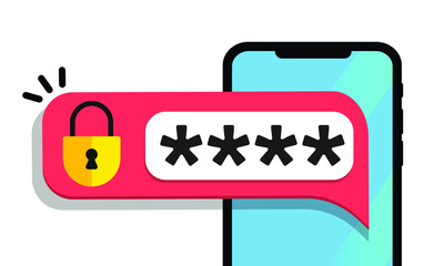 Poster - Mobile phone locked notification button and password field vector, concept of smartphone security, personal access, user authorization, login, protection technology