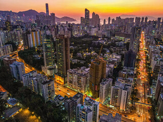 Beautiful cityscape with skyscrapers at sunset