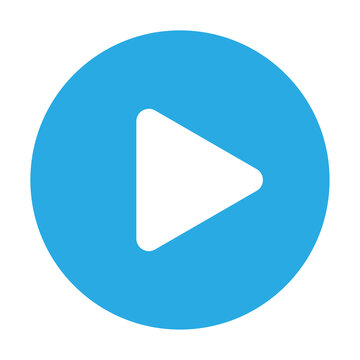 Play sign. White triangle in blue circle. Multimedia concept. Mobile app element. Vector illustration. Stock image. 