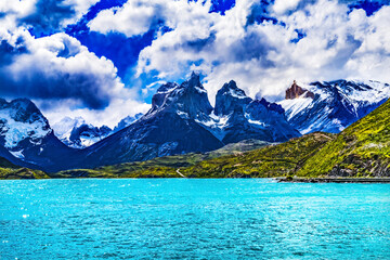 Wall Mural - Large Pehoe Lake Lago Paine Horns Three Granite Peaks, Torres del Paine National Park, Patagonia, Chile