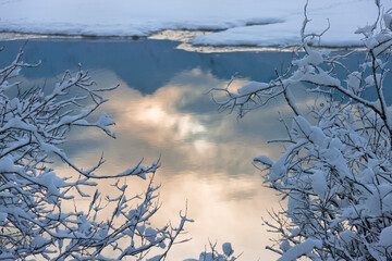 Sticker - Landscape of river and forest covered with snow, Haines, Alaska, USA