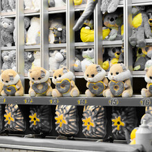 Rows Of Different Gray And Yellow Stuffed Toys In A Shop