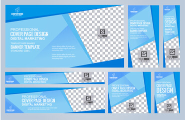 Wall Mural - Set of Blue Web banners templates, Coverpage Standard sizes with space. Vector illustration