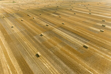 Aerial View Of Large Square Bales Of Wheat Straw In Field, Clay County, Illinois
