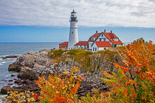 USA, New England, Maine, Cape Elizabeth, Atlantic Portland Head Lighthouse During The Fall Season