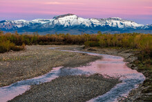 Dawn Along The Teton River With Ear Mountain In Background Near Choteau, Montana, USA