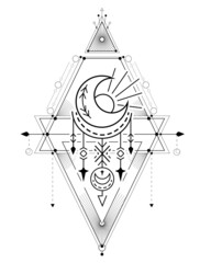 Wall Mural - Vector card with black esoteric symbol with crescent, star, sun and geometric decorations. Contour space sacred decoration. Outline magic illustration with witchcraft ornament.