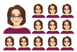 Mature beautiful woman avatar with different facial expressions wearing glasses set isolated vector illustration