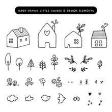 Collection Of Hand Drawn Little Houses, Trees, Flowers, Birds, And Small Design Elements. Doodle Style Vector Illustrations.