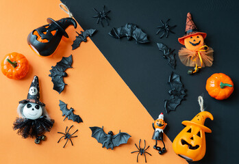 Sticker - Halloween composition decorated with pumpkins and typical ornaments - copy space