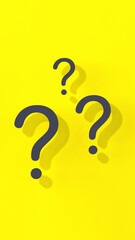 Fototapete - Question marks with shadow on yellow background. Technical support. Answers to questions. Vertical image. 3D image. 3D rendering.