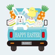Easter Bunny In A Car With Carrot, Chick And Eggs