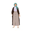 Muslim Arab woman wearing hijab and skirt. Modern Arabian female in headscarf in fashion casual apparel. Elegant Saudi person in stylish outfit. Flat vector illustration isolated on white background