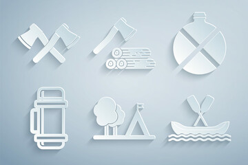 Sticker - Set Tourist tent with flag, Canteen water bottle, Thermos container, Rafting boat, Wooden axe and wood and Crossed wooden icon. Vector