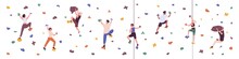 People Climbing Up Indoor In Bouldering Park. Climbers Training On Stone Wall, Artificial Mountain With Rocks. Men And Women In Extreme Gym. Flat Vector Illustration Isolated On White Background