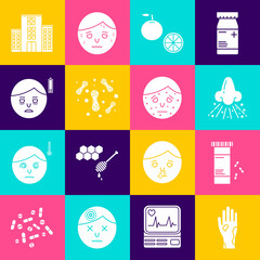 Sticker - Set Hand with psoriasis or eczema, Medicine bottle pills, Runny nose, Orange fruit, Bacteria, Fatigue, Medical hospital building and Face icon. Vector