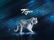 White tiger on a beautiful sparkling blue background with the inscription 