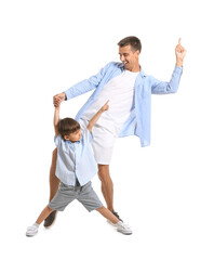 Sticker - Dancing man and his little son on white background