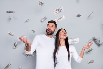 Sticker - Photo of hooray millennial brunet couple look money wear white shirt isolated on grey background