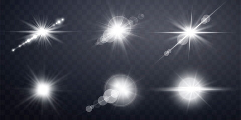 Silver lens flares set. Isolated on transparent background. Sun flash with rays spotlight and bokeh. Grey glow flare light effect.