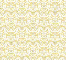 Classic Seamless Vector Pattern. Damask Orient Golden And White Ornament. Classic Vintage Background. Orient Ornament For Fabric, Wallpapers And Packaging