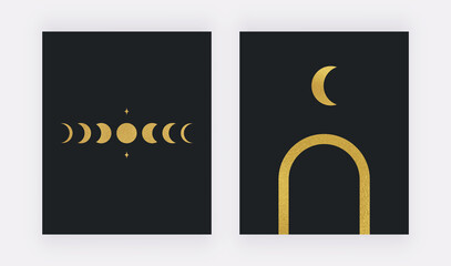 Wall Mural - Golden moon celestial and arch on the black backgrounds. Vector wall art prints