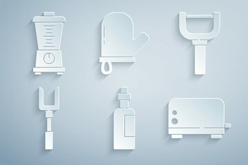 Wall Mural - Set Bottle of olive oil, Peeler, Barbecue fork, Toaster, Oven glove and Blender icon. Vector