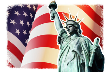 Wall Mural - Statue of Liberty on background of American flag. USA Independence Day symbols. Sculpture from New York as symbol of democracy. American state flag in background. USA patriotic banner