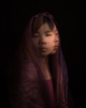 Double Exposure Studio Portrait Of Asian Girl In Dark Classic Rembrandt Style