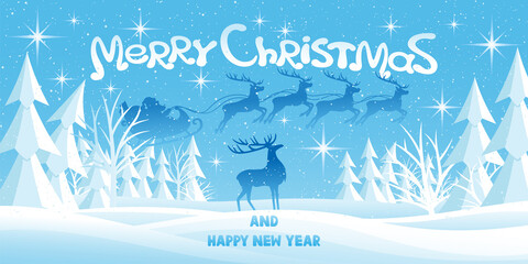 Poster - Festive Christmas illustration with reindeer and Santa Claus in winter landscape background.