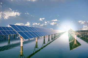 Solar panels, a clean energy concept, are built above the pond