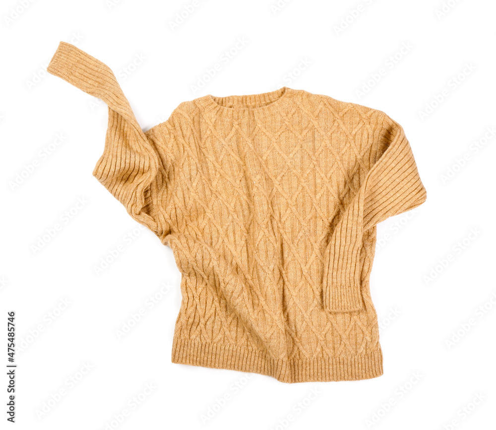 Warm knitted sweater on white background