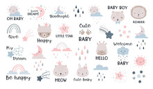 Cute Posters With Moon, Stars, Clouds And Letterings. Vector Prints For Baby Room, Baby Shower, Greeting Card, Kids And Baby T-shirts And Wear. Hand Drawn, Nursery Graphics Elements
