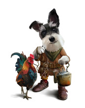 A Dog In Vintage Clothing And His Pet Rooster