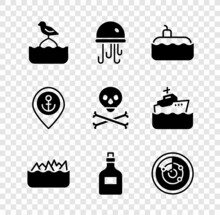 Set Seagull Sits On A Buoy, Jellyfish, Submarine, Sharp Stone Reefs, Rum Bottle, Radar With Targets, Location Anchor And Skull Crossbones Icon. Vector