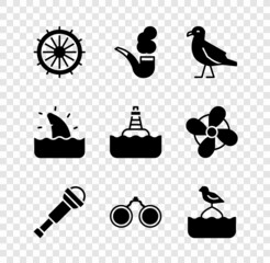 Canvas Print - Set Ship steering wheel, Smoking pipe, Bird seagull, Spyglass telescope lens, Binoculars, Seagull sits on buoy, Shark fin ocean wave and Floating icon. Vector