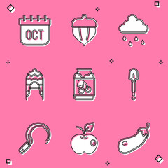 Poster - Set October calendar autumn, Acorn, Cloud with rain, Winter hat, Jam jar, Shovel, Sickle and Apple icon. Vector