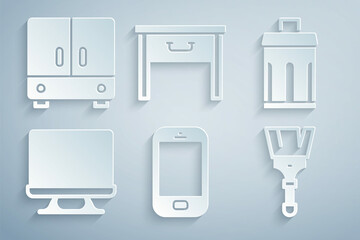 Sticker - Set Mobile phone, Trash can, Smart Tv, Paint brush, Furniture nightstand and Wardrobe icon. Vector