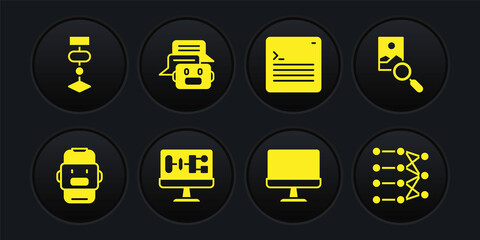 Set Chat bot, Photo retouching, Algorithm, Computer monitor, Web developer programming code, Neural network and icon. Vector
